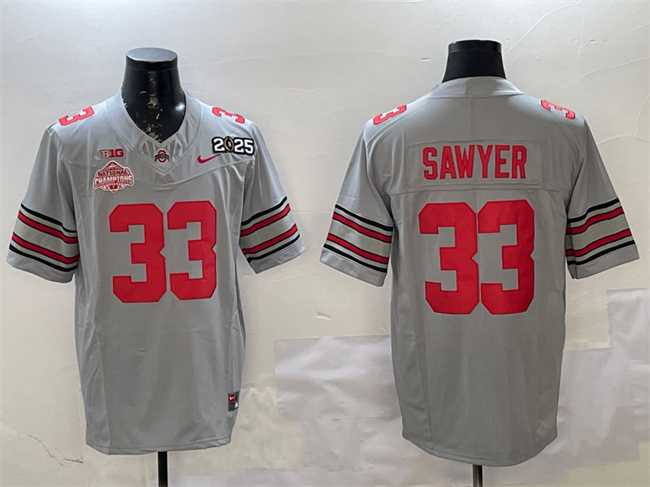 Mens Ohio State Buckeyes #33 Jack Sawyer Grey 2025 CFP Final With National Champions Patch F.U.S.E. Vapor Limited Stitched Football Jersey